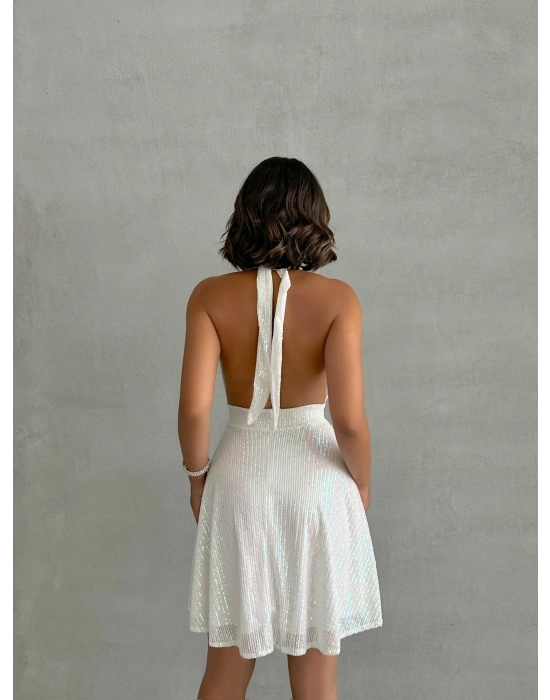 Payetli Boyundan Bağlamalı Elbise-beyaz