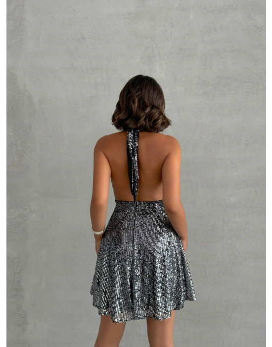 Payetli Boyundan Bağlamalı Elbise-gri