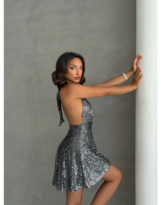 Payetli Boyundan Bağlamalı Elbise-gri