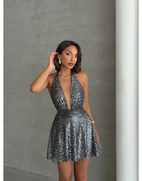 Payetli Boyundan Bağlamalı Elbise-gri