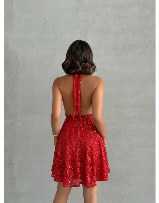 Payetli Boyundan Bağlamalı Elbise-kırmızı