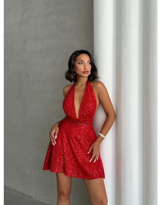 Payetli Boyundan Bağlamalı Elbise-kırmızı