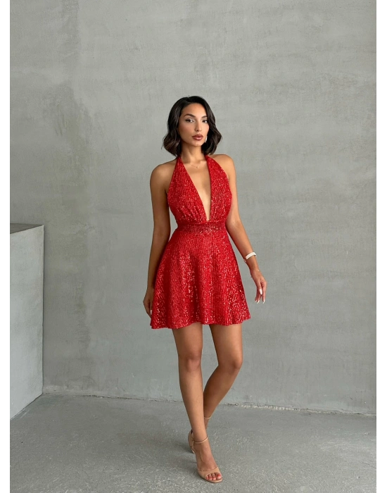 Payetli Boyundan Bağlamalı Elbise-kırmızı