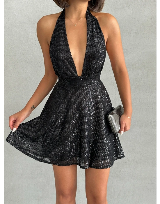 Payetli Boyundan Bağlamalı Elbise-siyah