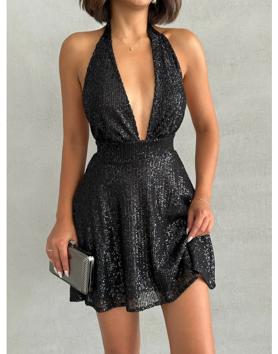 Payetli Boyundan Bağlamalı Elbise-siyah