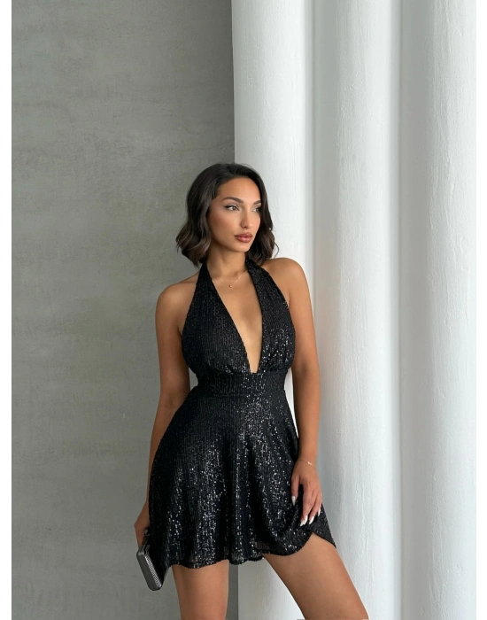 Payetli Boyundan Bağlamalı Elbise-siyah