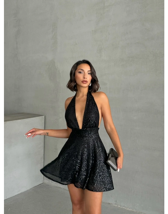 Payetli Boyundan Bağlamalı Elbise-siyah