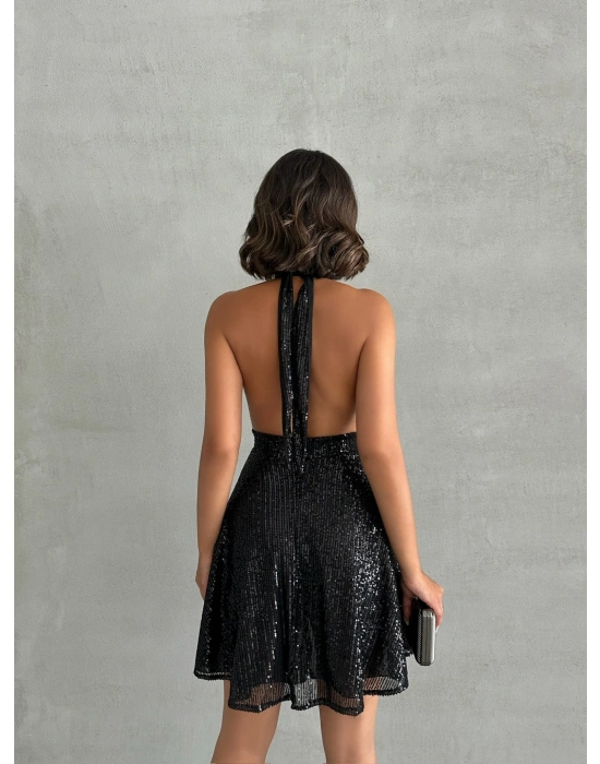 Payetli Boyundan Bağlamalı Elbise-siyah