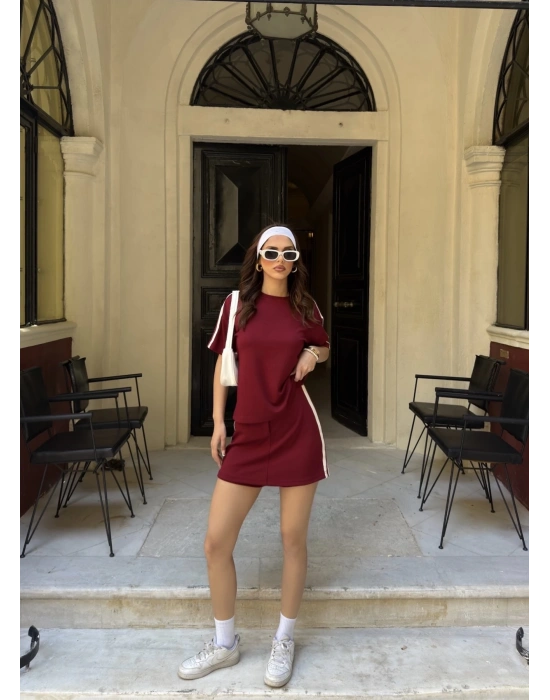 Şeritli Şort Etek Takım-bordo