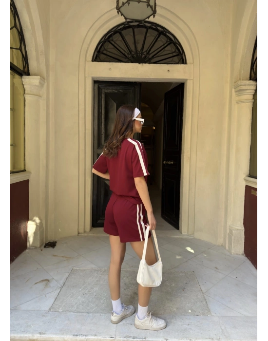 Şeritli Şort Etek Takım-bordo