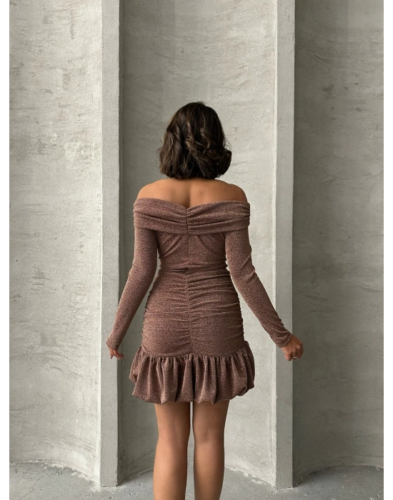 Simli Büzgülü Elbise -pudra