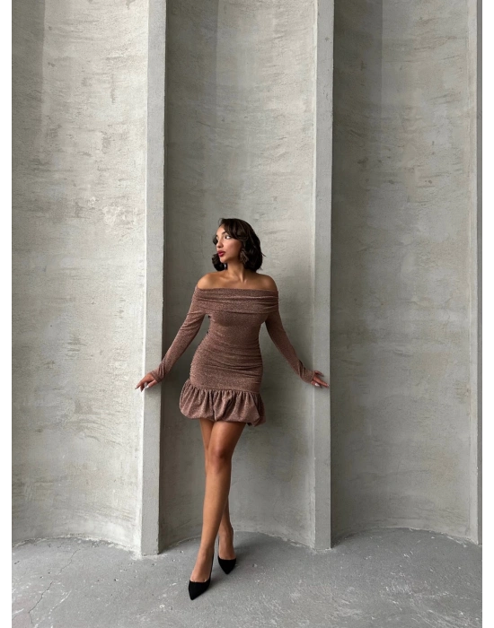 Simli Büzgülü Elbise -pudra