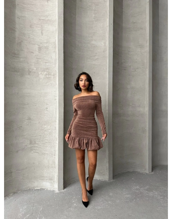 Simli Büzgülü Elbise -pudra