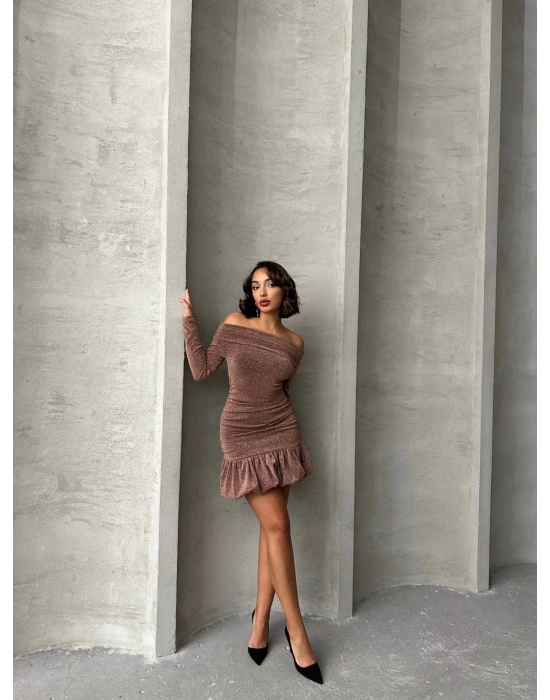 Simli Büzgülü Elbise -pudra