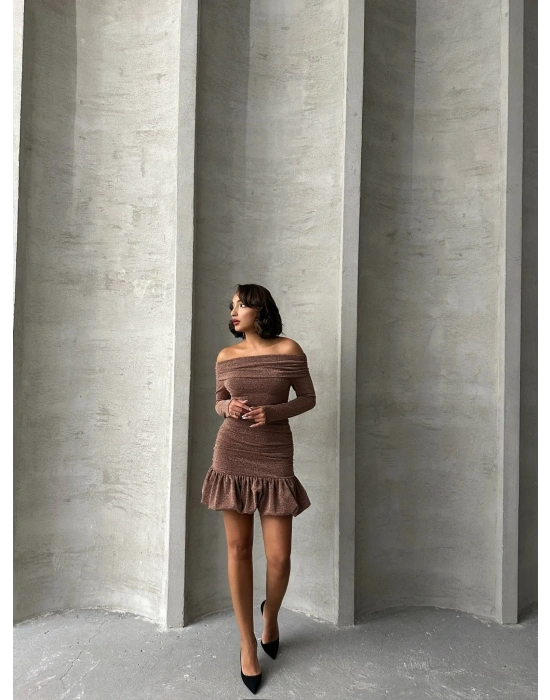 Simli Büzgülü Elbise -pudra