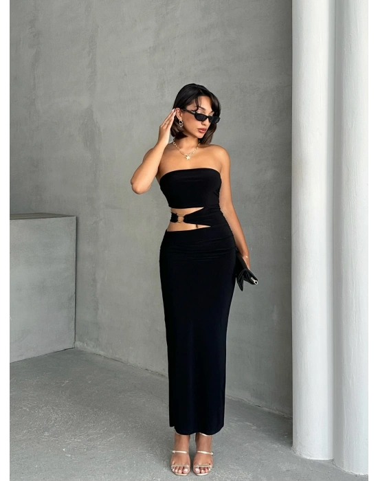 Straplez Bel Tokalı Elbise-siyah