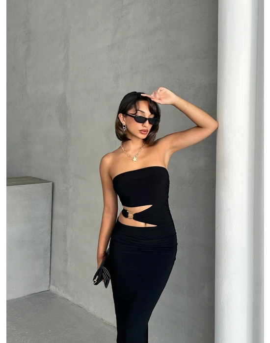 Straplez Bel Tokalı Elbise-siyah