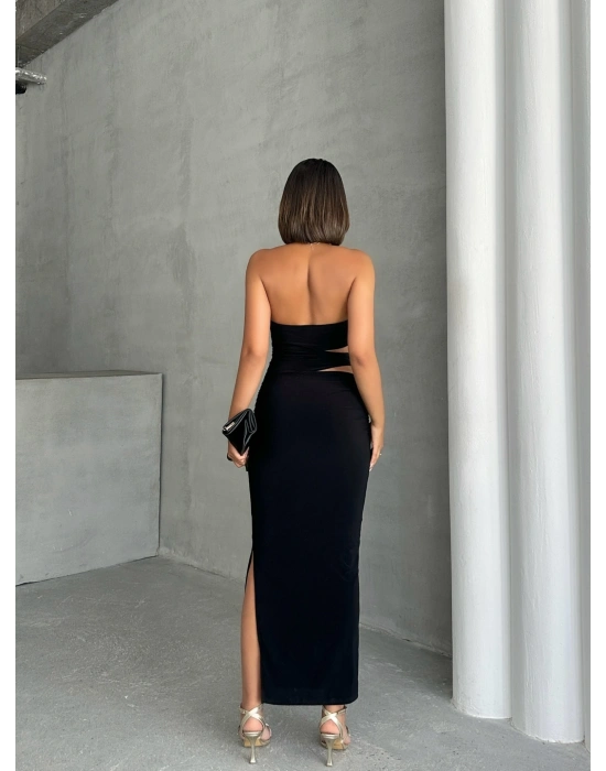 Straplez Bel Tokalı Elbise-siyah