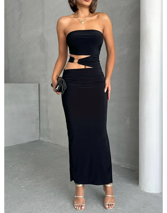Straplez Bel Tokalı Elbise-siyah