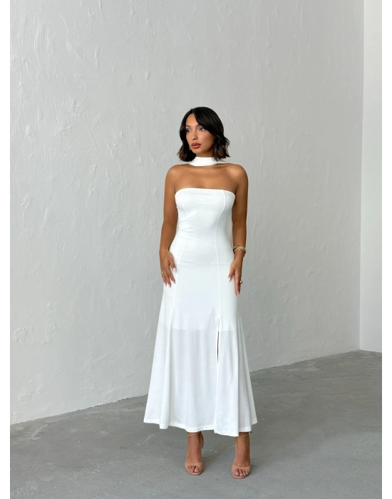Straplez Fularlı Elbise-beyaz