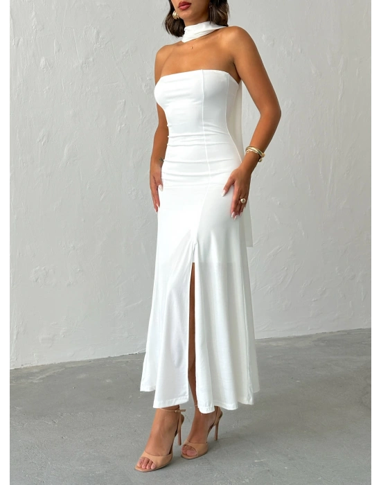 Straplez Fularlı Elbise-beyaz