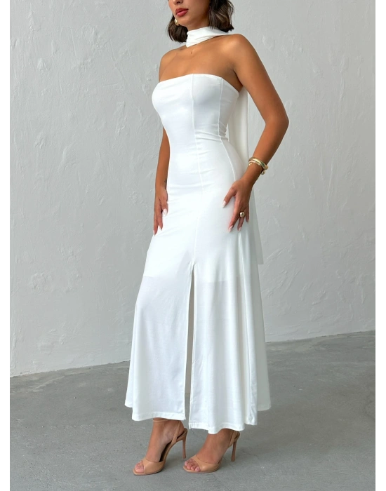 Straplez Fularlı Elbise-beyaz