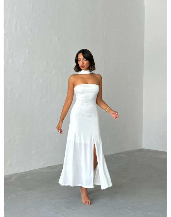 Straplez Fularlı Elbise-beyaz