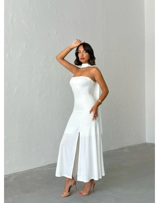 Straplez Fularlı Elbise-beyaz