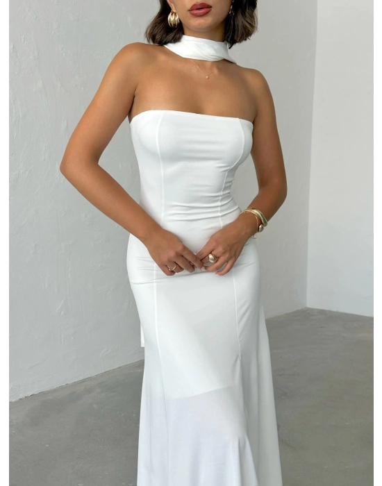 Straplez Fularlı Elbise-beyaz