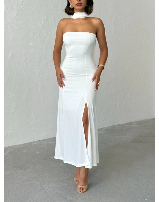 Straplez Fularlı Elbise-beyaz