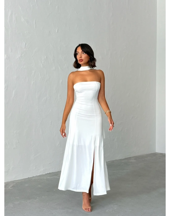 Straplez Fularlı Elbise-beyaz