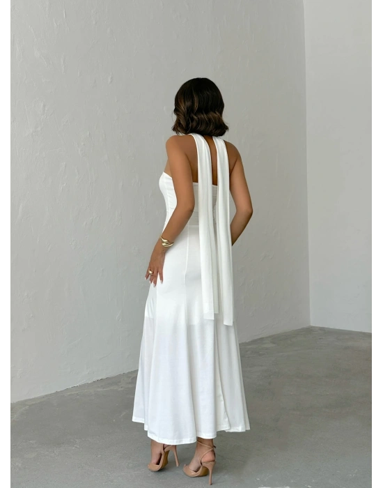 Straplez Fularlı Elbise-beyaz