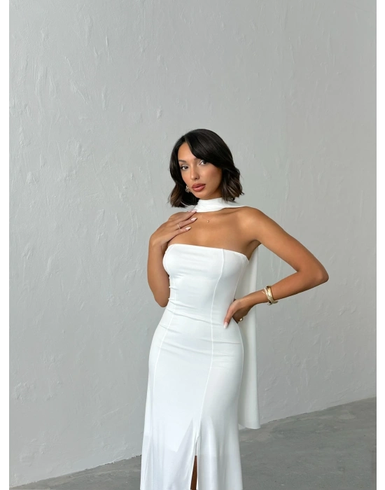 Straplez Fularlı Elbise-beyaz