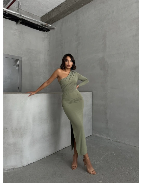 Tek Omuz Uzun Kollu elbise- yeşil