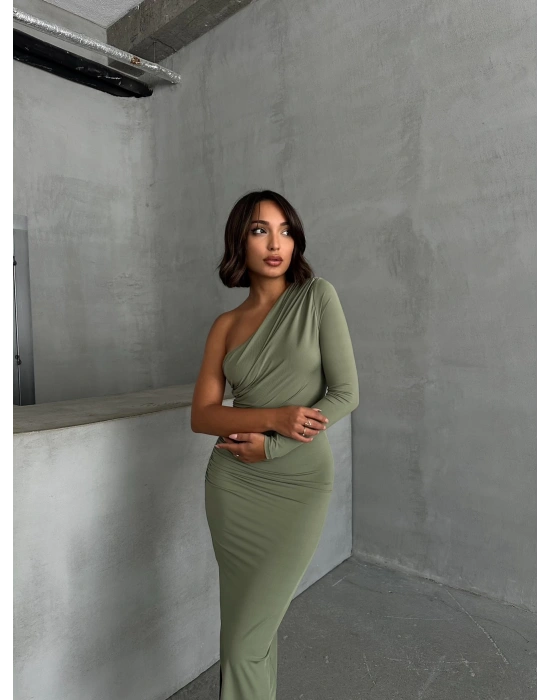 Tek Omuz Uzun Kollu elbise- yeşil