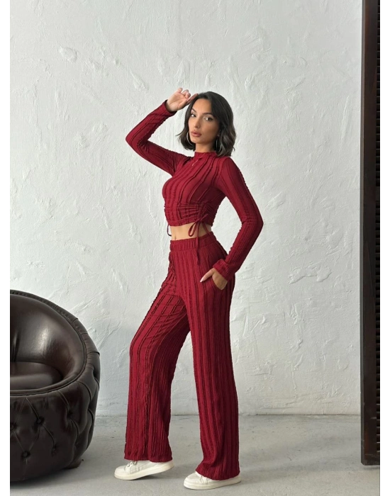 Ters Dikişli Büzgülü Takım-bordo