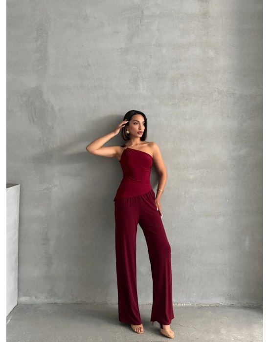 Tokalı Tek Omuz Takım-bordo