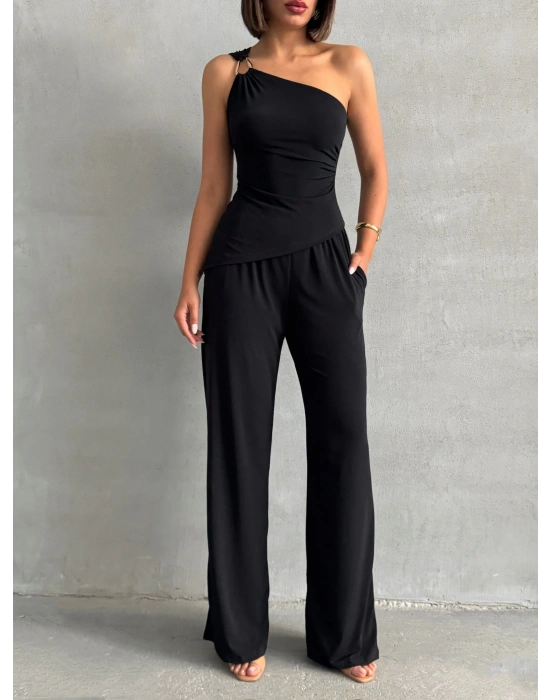 Tokalı Tek Omuz Takım-siyah