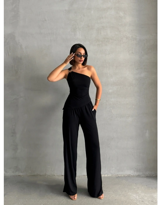 Tokalı Tek Omuz Takım-siyah