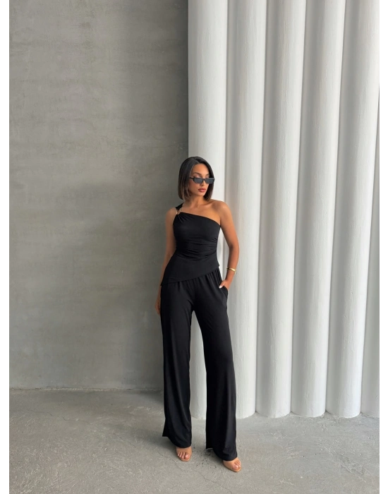 Tokalı Tek Omuz Takım-siyah