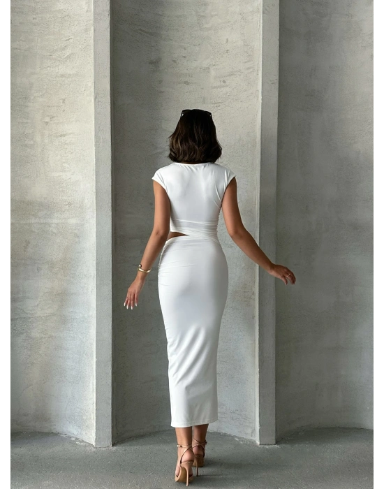 Yan Dekolte Maxi Elbise-beyaz