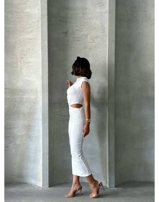 Yan Dekolte Maxi Elbise-beyaz