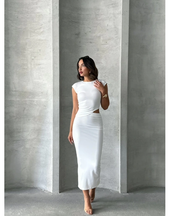 Yan Dekolte Maxi Elbise-beyaz