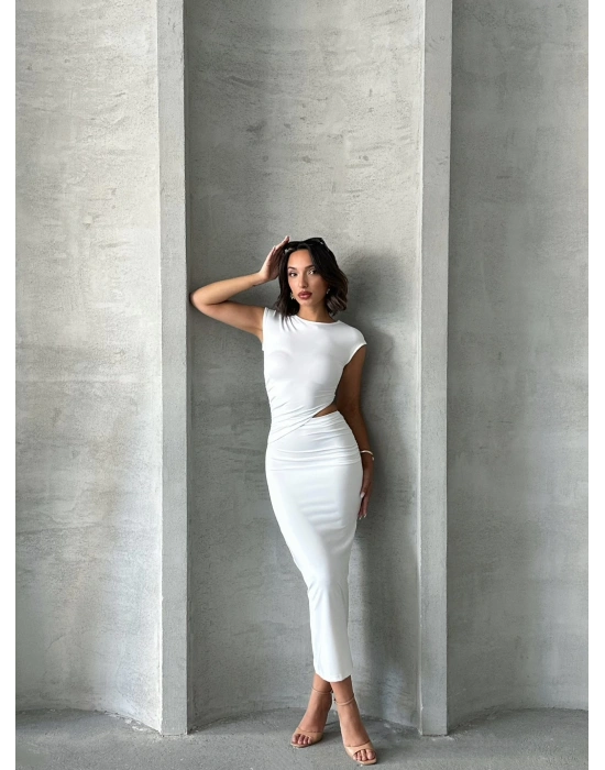 Yan Dekolte Maxi Elbise-beyaz