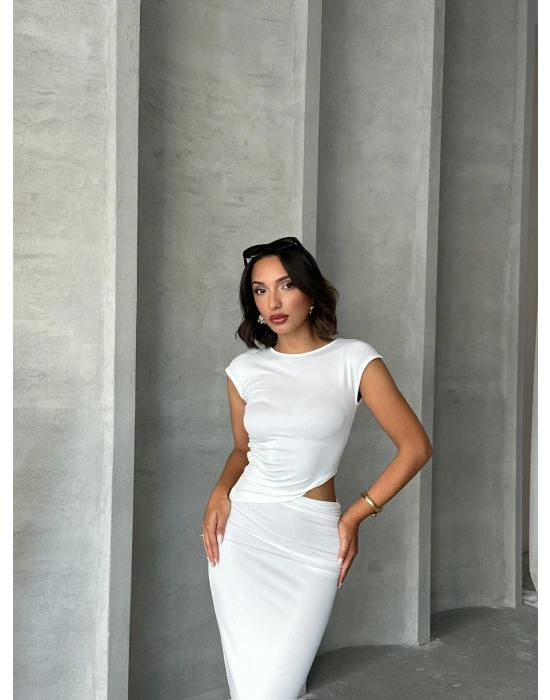 Yan Dekolte Maxi Elbise-beyaz