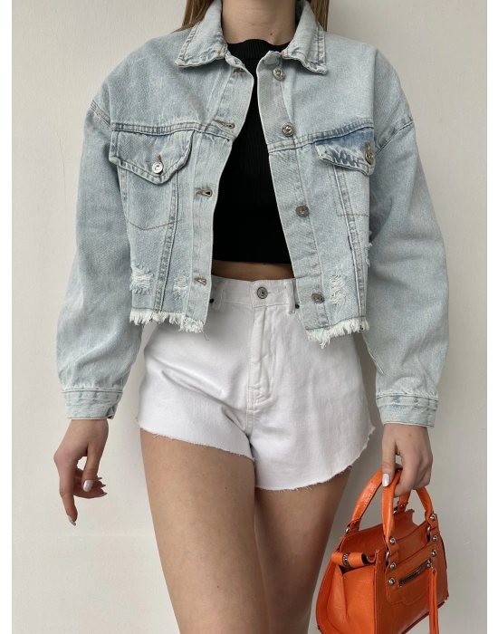 Yırtık Detay Jean Kot Ceket