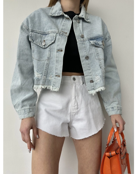 Yırtık Detay Jean Kot Ceket