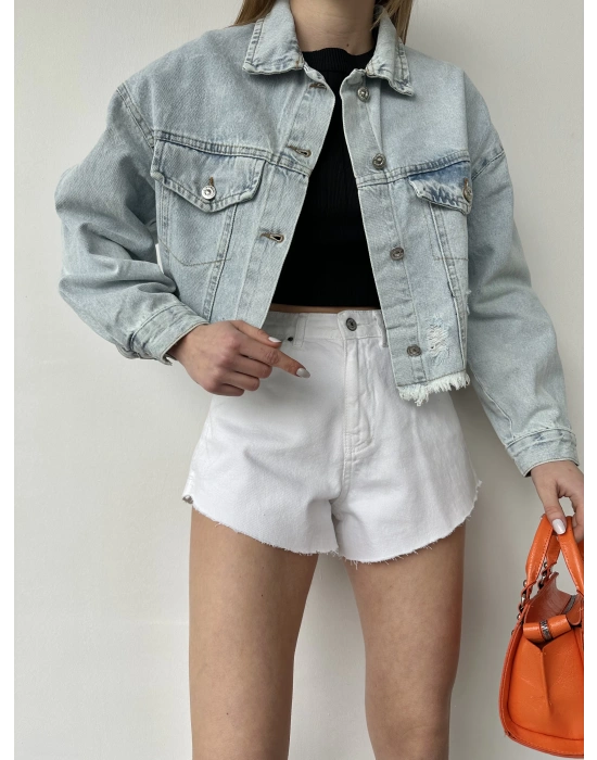 Yırtık Detay Jean Kot Ceket