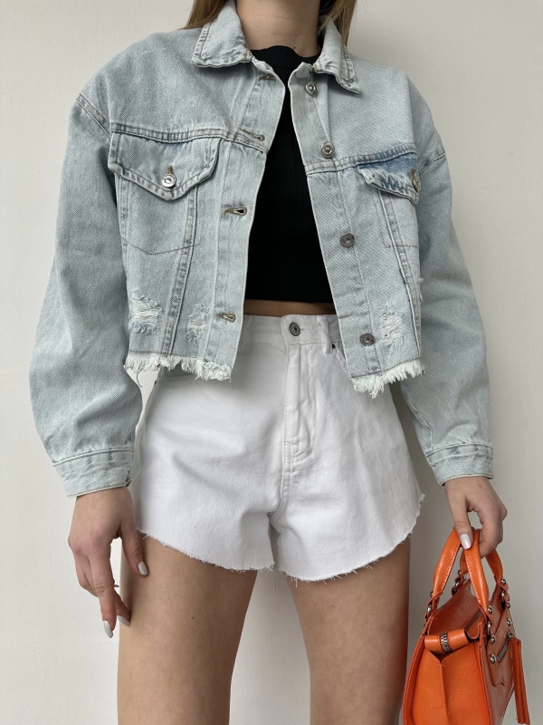 Yırtık Detay Jean Ceket