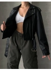Muadil Model Kemerli Deri Ceket-Siyah